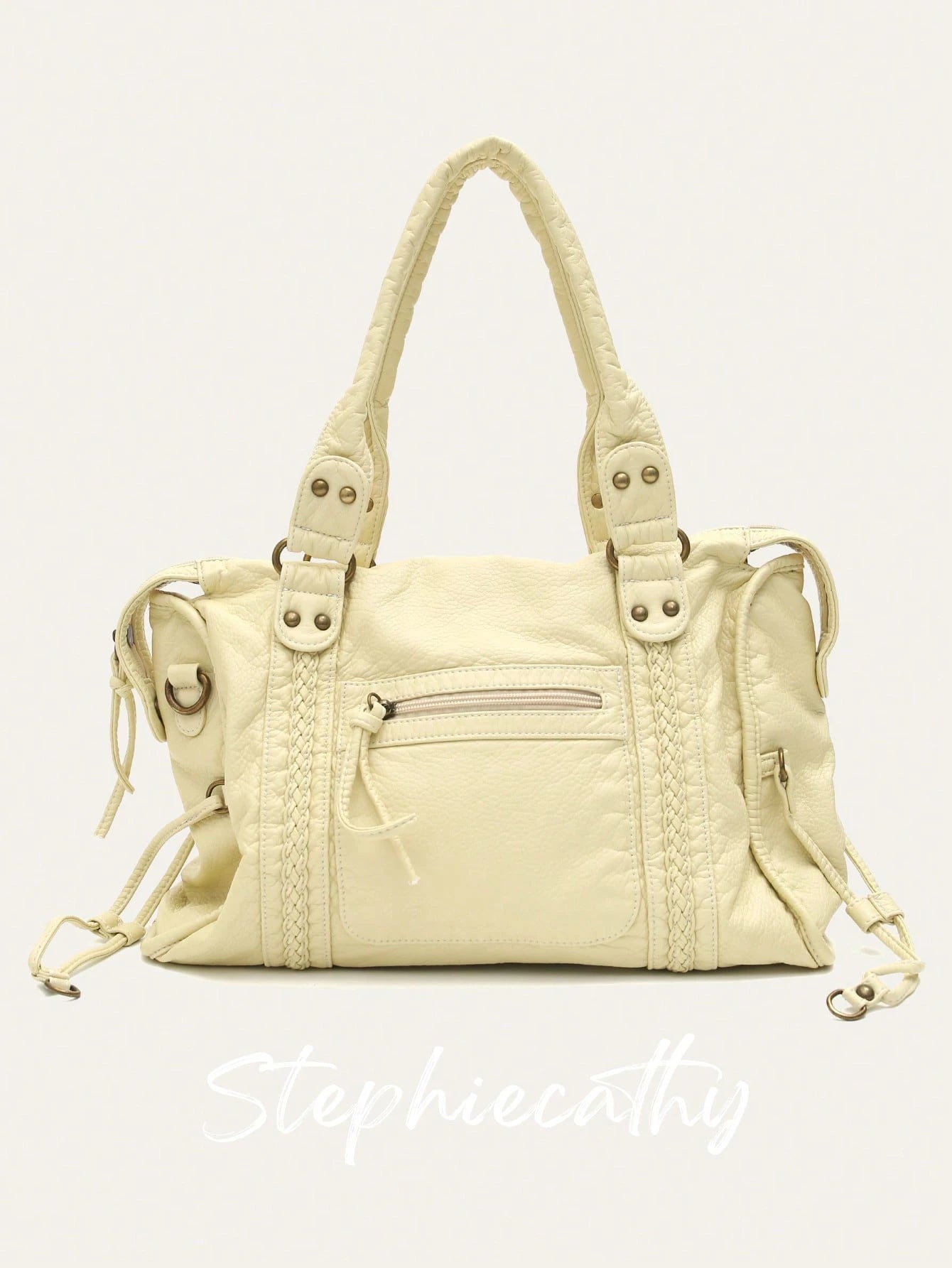 STEPHIECATHY Women's Fashion Casual Cool Street Style Soft Washed PU Faux Leather Handbag, Zipper Closure, Woven Decor, Large Capacity Fits 13-Inch Laptop, Work To Weekend