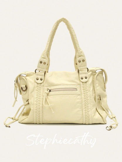 STEPHIECATHY Women's Fashion Casual Cool Street Style Soft Washed PU Faux Leather Handbag, Zipper Closure, Woven Decor, Large Capacity Fits 13-Inch Laptop, Work To Weekend