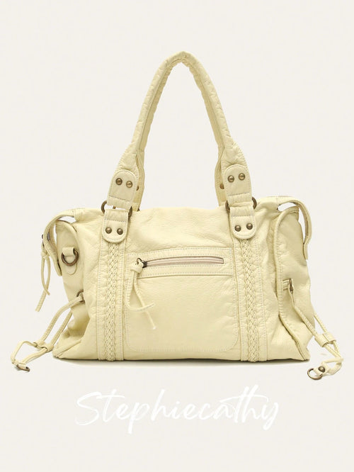 STEPHIECATHY Women's Fashion Casual Cool Street Style Soft Washed PU Faux Leather Handbag, Zipper Closure, Woven Decor, Large Capacity Fits 13-Inch Laptop, Work To Weekend