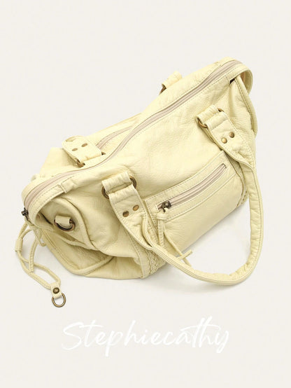 STEPHIECATHY Women's Fashion Casual Cool Street Style Soft Washed PU Faux Leather Handbag, Zipper Closure, Woven Decor, Large Capacity Fits 13-Inch Laptop, Work To Weekend