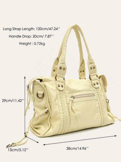 STEPHIECATHY Women's Fashion Casual Cool Street Style Soft Washed PU Faux Leather Handbag, Zipper Closure, Woven Decor, Large Capacity Fits 13-Inch Laptop, Work To Weekend