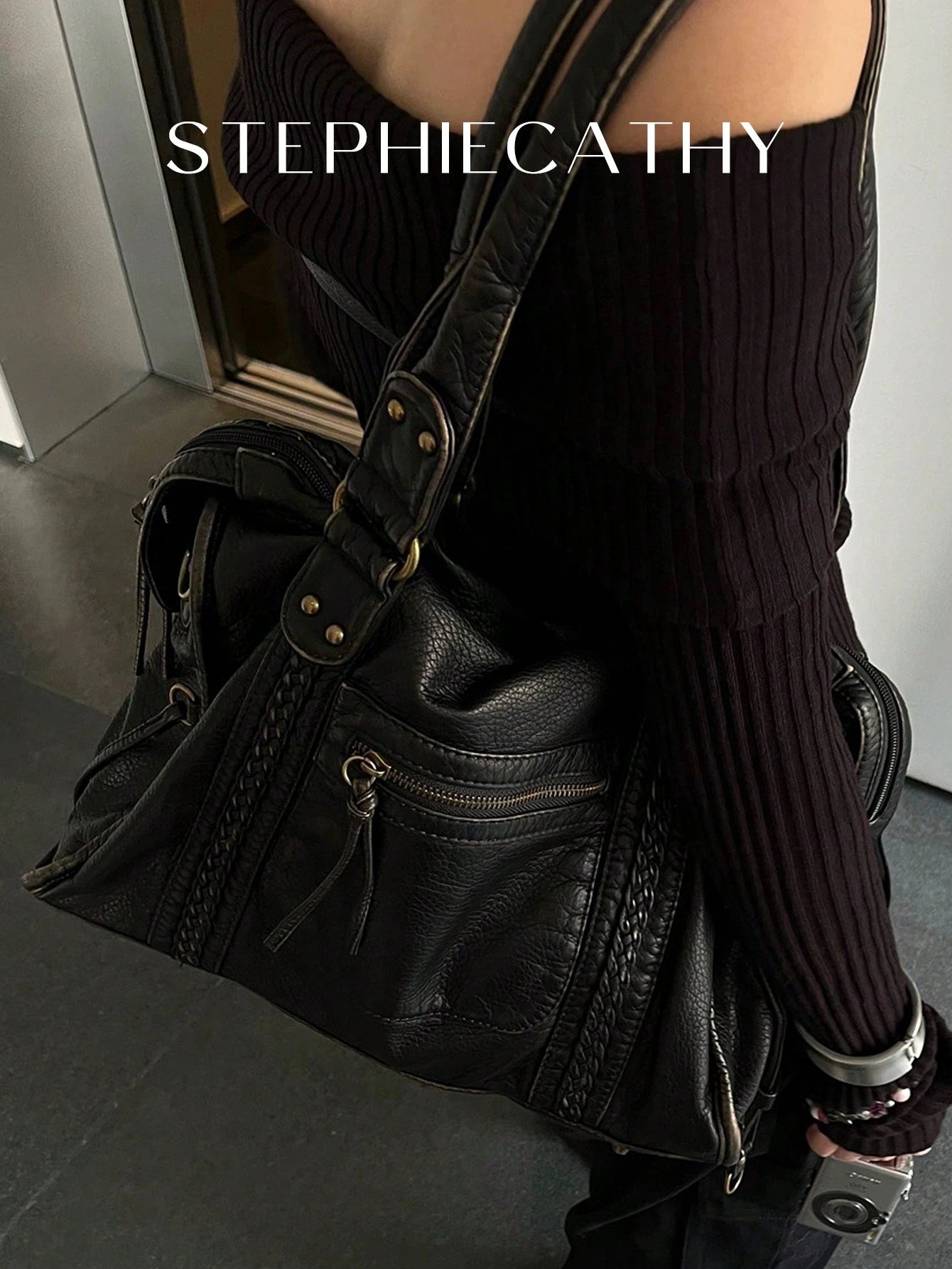 STEPHIECATHY Women's Fashion Casual Cool Street Style Soft Washed PU Faux Leather Handbag, Zipper Closure, Woven Decor, Large Capacity Fits 13-Inch Laptop, Work To Weekend