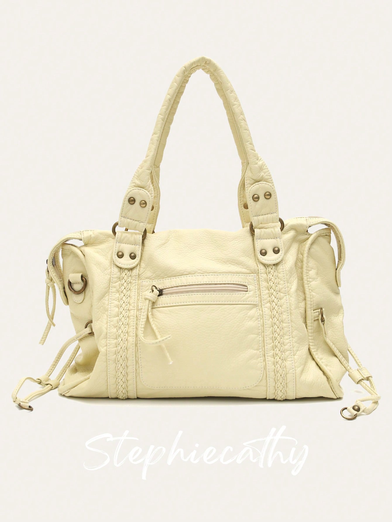 STEPHIECATHY Women's Fashion Casual Cool Street Style Soft Washed PU Faux Leather Handbag, Zipper Closure, Woven Decor, Large Capacity Fits 13-Inch Laptop, Work To Weekend