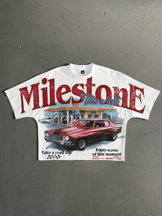 StoneGrade Retro American Gas Station Shop Print White Summer Streetwear City Break Loose Fit Batwing Sleeve Cropped T-Shirt For Men,Fashionable Couple Gift