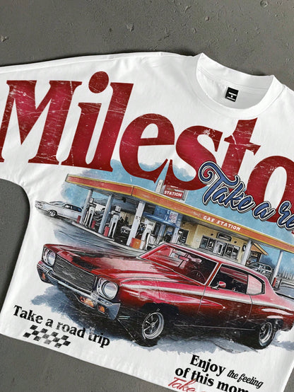 StoneGrade Retro American Gas Station Shop Print White Summer Streetwear City Break Loose Fit Batwing Sleeve Cropped T-Shirt For Men,Fashionable Couple Gift