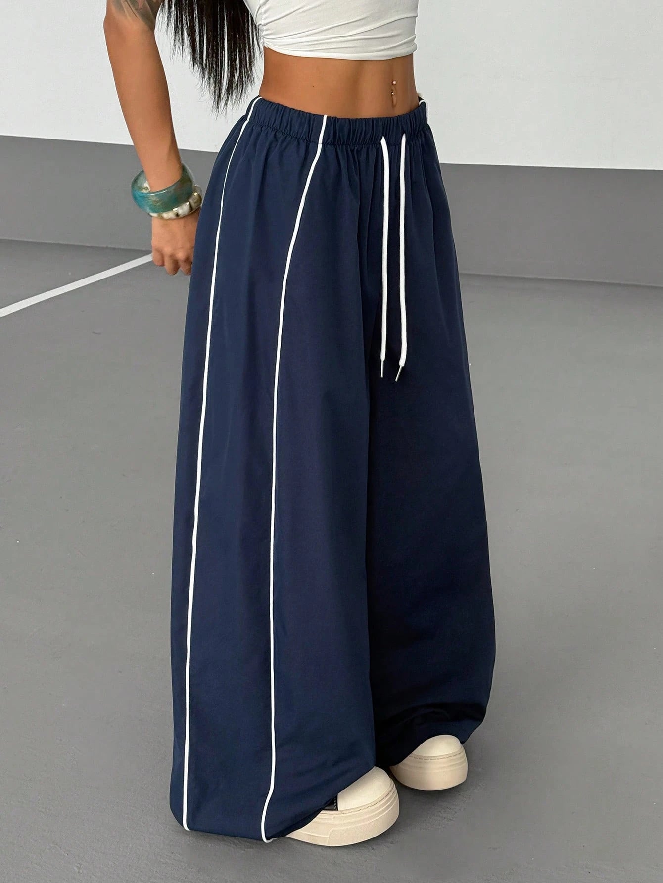 StreetHx Women's Contrast Trim Loose Fit Casual Streetwear Baggy Sports Pants Back-To-School Vacation Picnic Navy Blue Autumn