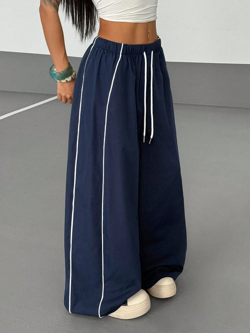 StreetHx Women's Contrast Trim Loose Fit Casual Streetwear Baggy Sports Pants Back-To-School Vacation Picnic Navy Blue Autumn