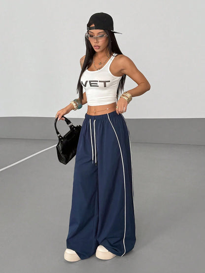 StreetHx Women's Contrast Trim Loose Fit Casual Streetwear Baggy Sports Pants Back-To-School Vacation Picnic Navy Blue Autumn