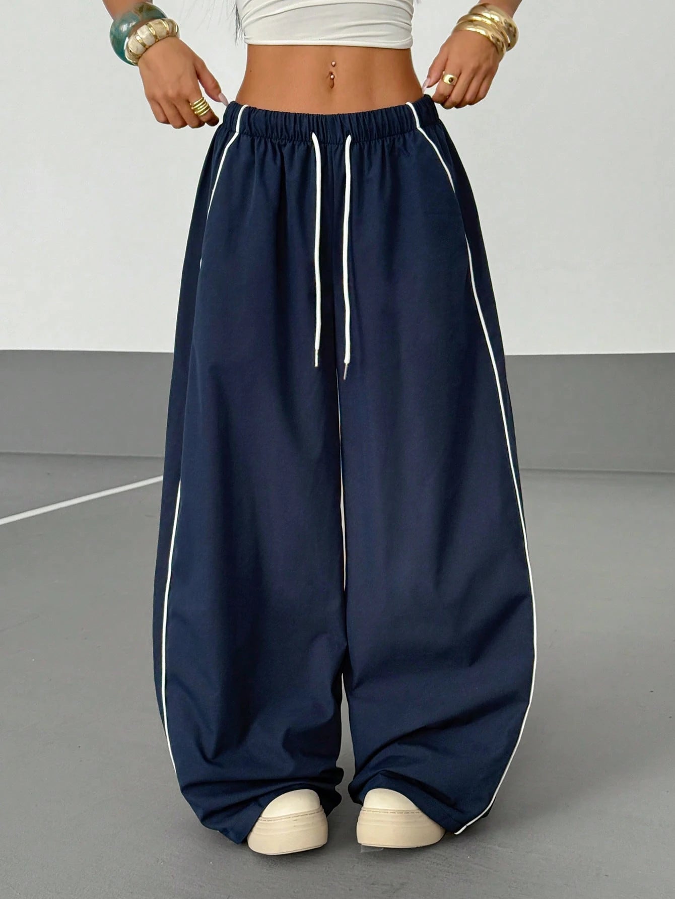 StreetHx Women's Contrast Trim Loose Fit Casual Streetwear Baggy Sports Pants Back-To-School Vacation Picnic Navy Blue Autumn