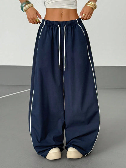 StreetHx Women's Contrast Trim Loose Fit Casual Streetwear Baggy Sports Pants Back-To-School Vacation Picnic Navy Blue Autumn
