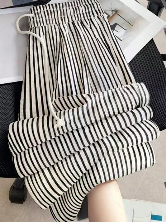 Striped Drawstring Waist Pants With Pockets, Suitable For Office, Business, Vacation, Casual, Daily Wear, School, Travel, New Arrival