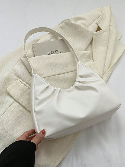 Stylish Shoulder Bag, New Solid Color Pleated Fresh Handbag With Quality Underarm Design, Suitable For Spring & Autumn, Beach Bag, Office, Cream Bag