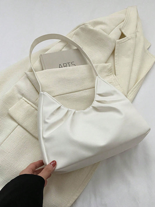 Stylish Shoulder Bag, New Solid Color Pleated Fresh Handbag With Quality Underarm Design, Suitable For Spring & Autumn, Beach Bag, Office, Cream Bag