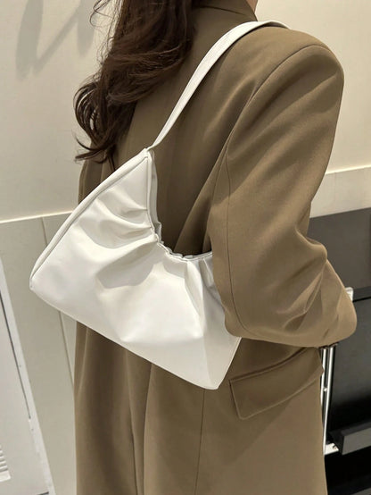 Stylish Shoulder Bag, New Solid Color Pleated Fresh Handbag With Quality Underarm Design, Suitable For Spring & Autumn, Beach Bag, Office, Cream Bag