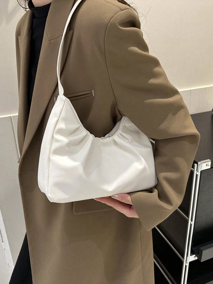 Stylish Shoulder Bag, New Solid Color Pleated Fresh Handbag With Quality Underarm Design, Suitable For Spring & Autumn, Beach Bag, Office, Cream Bag
