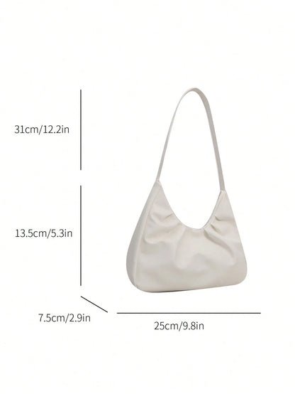Stylish Shoulder Bag, New Solid Color Pleated Fresh Handbag With Quality Underarm Design, Suitable For Spring & Autumn, Beach Bag, Office, Cream Bag