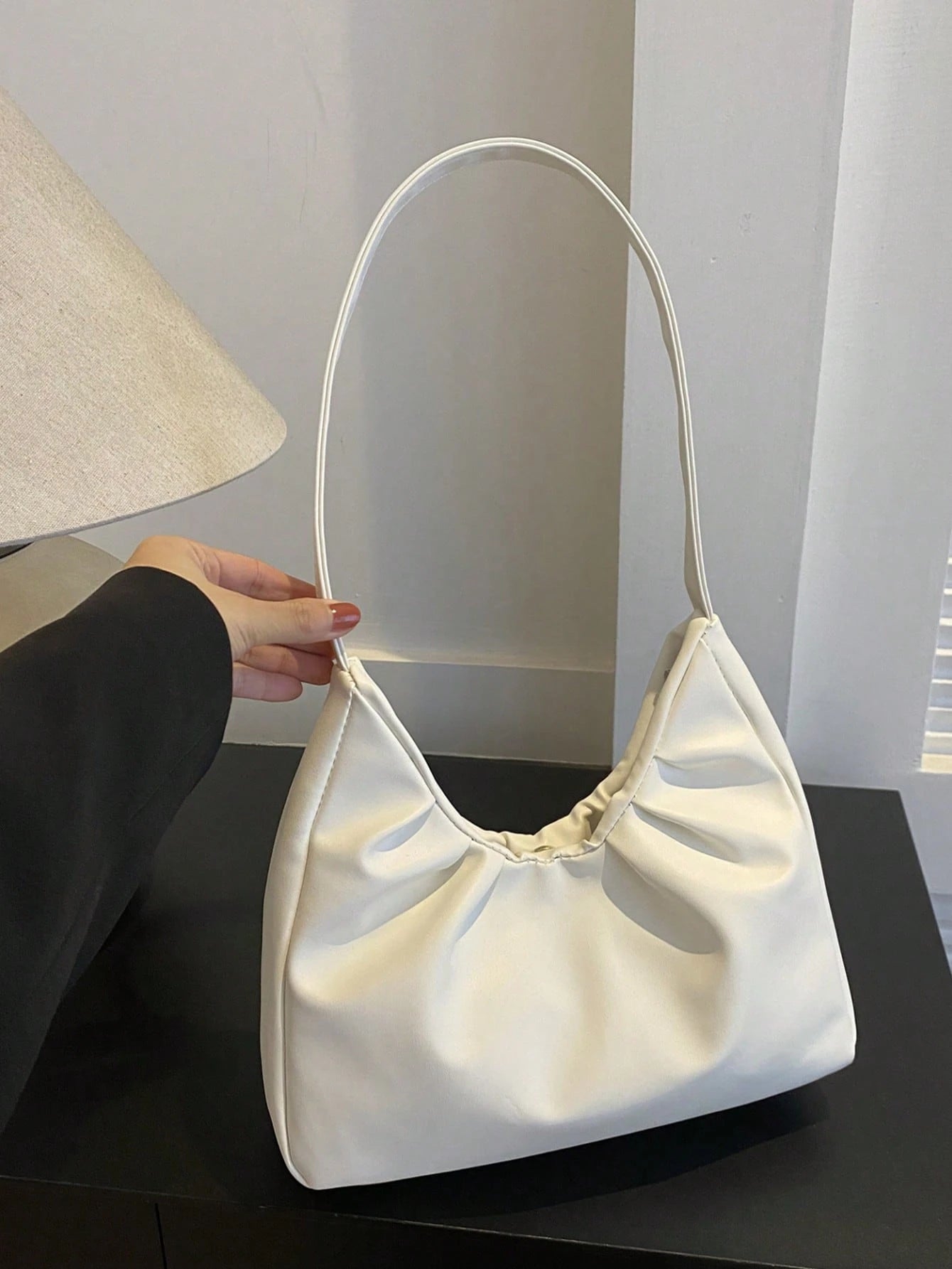 Stylish Shoulder Bag, New Solid Color Pleated Fresh Handbag With Quality Underarm Design, Suitable For Spring & Autumn, Beach Bag, Office, Cream Bag