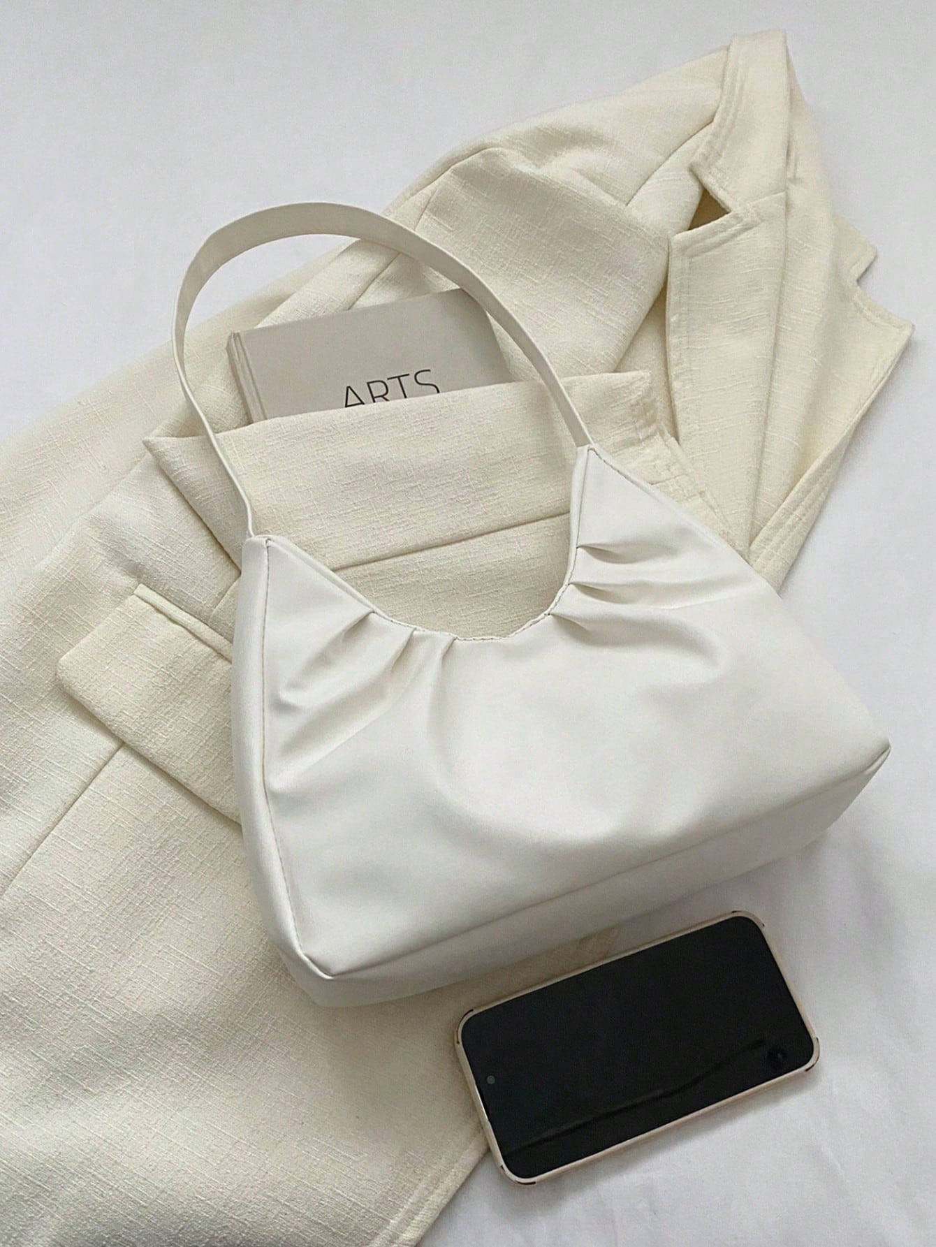 Stylish Shoulder Bag, New Solid Color Pleated Fresh Handbag With Quality Underarm Design, Suitable For Spring & Autumn, Beach Bag, Office, Cream Bag