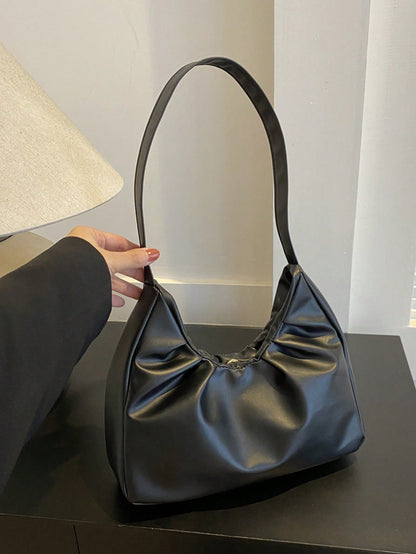 Stylish Shoulder Bag, New Solid Color Pleated Fresh Handbag With Quality Underarm Design, Suitable For Spring & Autumn, Beach Bag, Office, Cream Bag