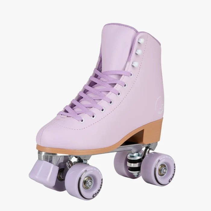 Purple roller skate with brown soles on a white background