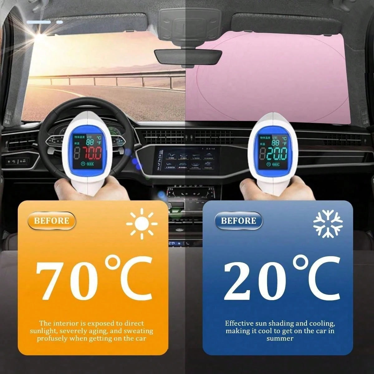 Suitable For Cars And Suv, This Light Pink Car Windshield Sunshade Can Be Folded And Has A Protective Device For The Sun Visor. It Can Block Ultraviolet Rays And Keep The Vehicle Cool.