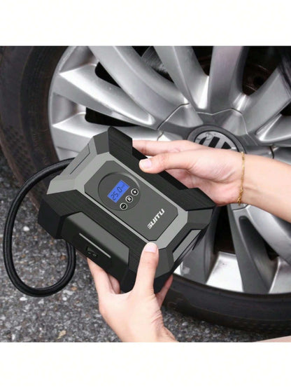 SUITU 12V 120W Portable Tire Inflator Pump With Pressure Gauge And LED Emergency Light, Mini Car Air Compressor, Handheld Automotive Tire Pump, Car Accessories