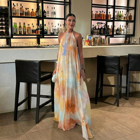 Summer Dresses For WomenHalter Neck Backless Watercolor Print Loose Chiffon Maxi Dresses For Women, Flowy Casual Long Dress For Beachdresses For Wome