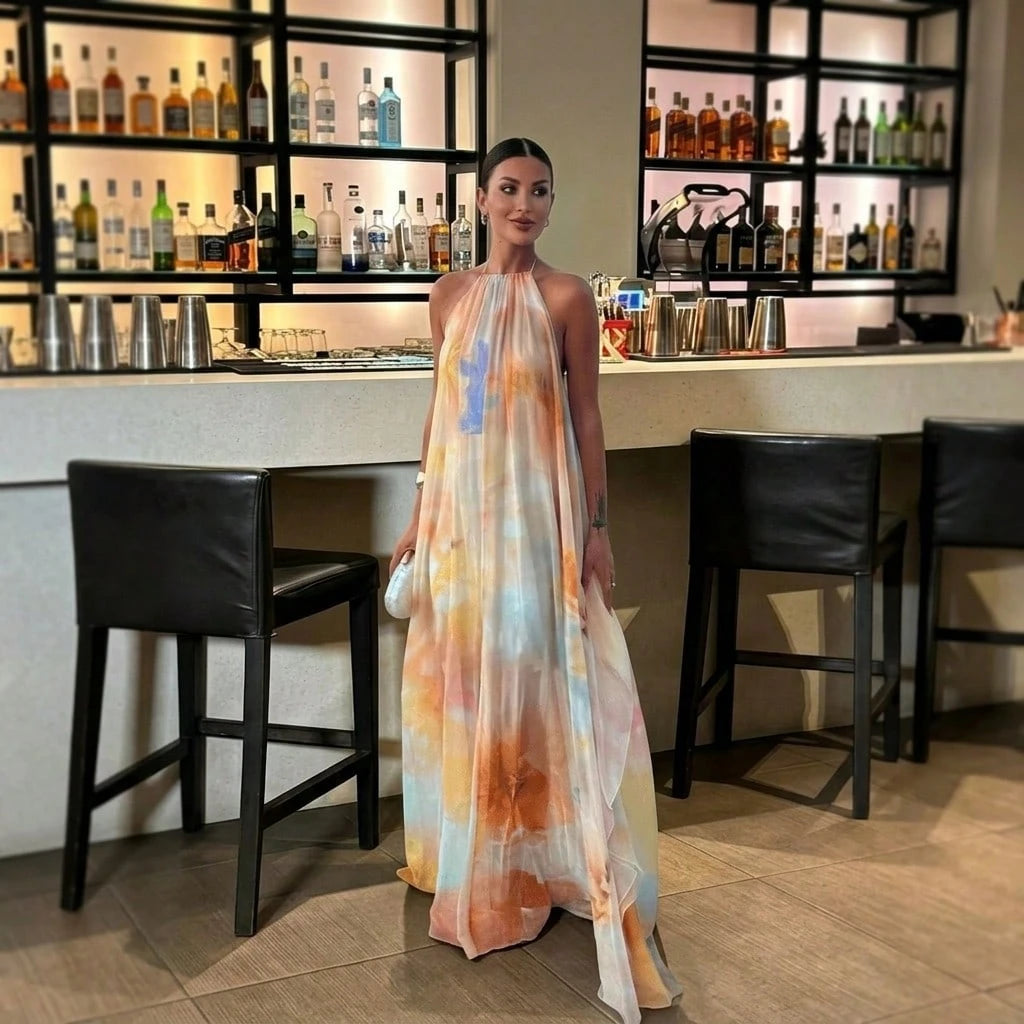 Summer Dresses For WomenHalter Neck Backless Watercolor Print Loose Chiffon Maxi Dresses For Women, Flowy Casual Long Dress For Beachdresses For Wome