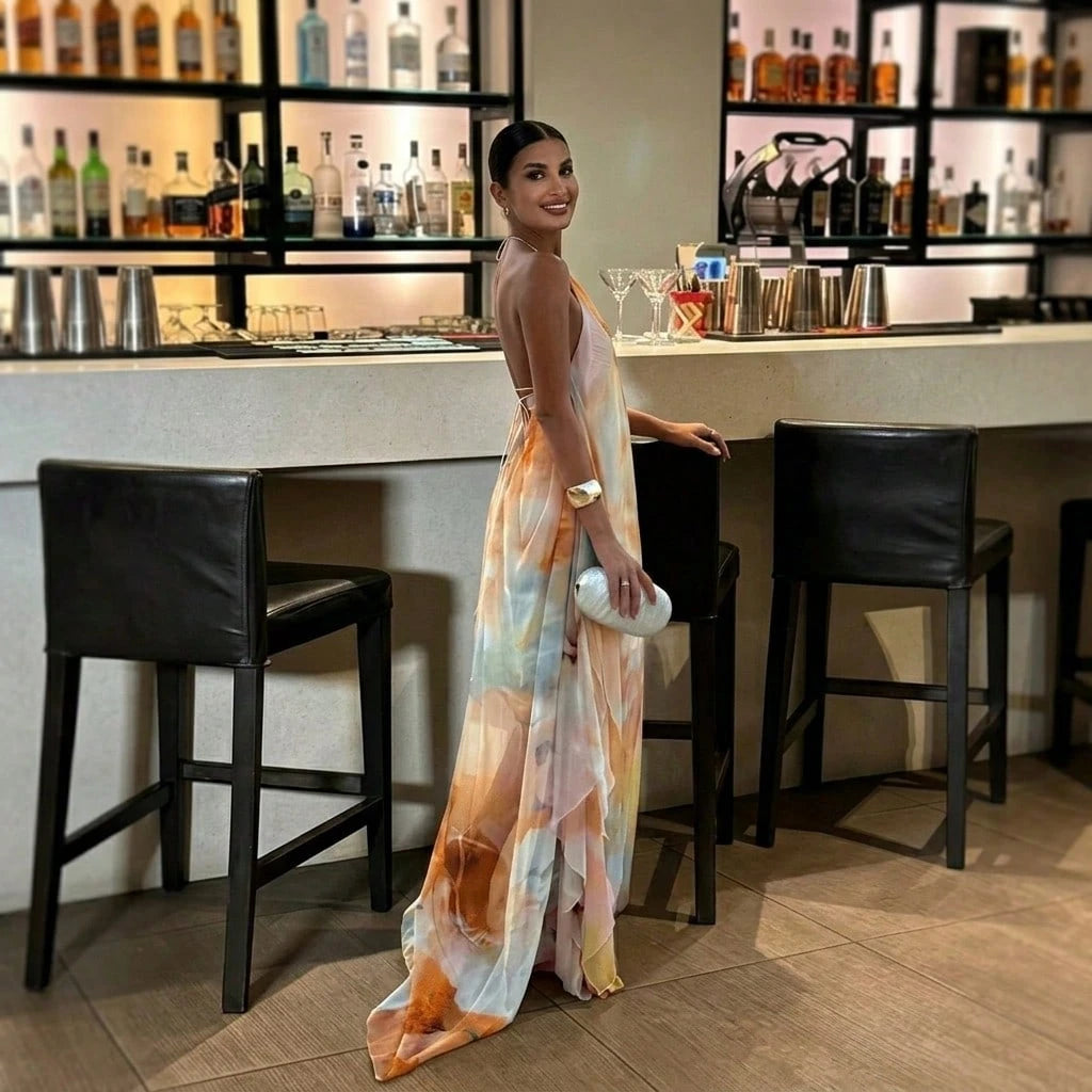 Summer Dresses For WomenHalter Neck Backless Watercolor Print Loose Chiffon Maxi Dresses For Women, Flowy Casual Long Dress For Beachdresses For Wome