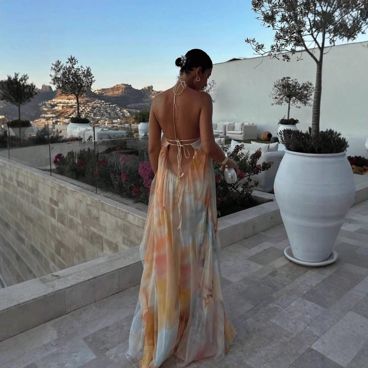 Summer Dresses For WomenHalter Neck Backless Watercolor Print Loose Chiffon Maxi Dresses For Women, Flowy Casual Long Dress For Beachdresses For Wome