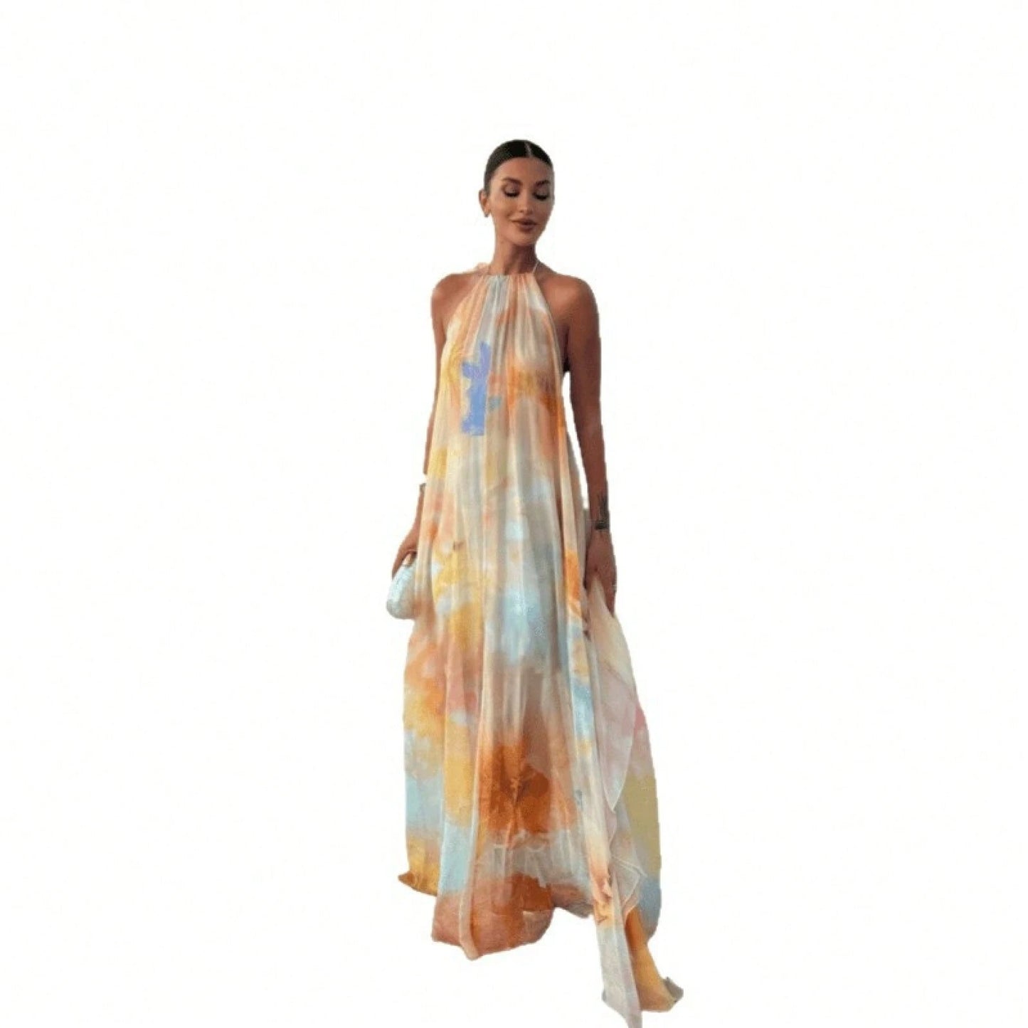 Summer Dresses For WomenHalter Neck Backless Watercolor Print Loose Chiffon Maxi Dresses For Women, Flowy Casual Long Dress For Beachdresses For Wome