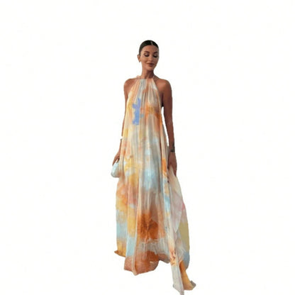 Summer Dresses For WomenHalter Neck Backless Watercolor Print Loose Chiffon Maxi Dresses For Women, Flowy Casual Long Dress For Beachdresses For Wome