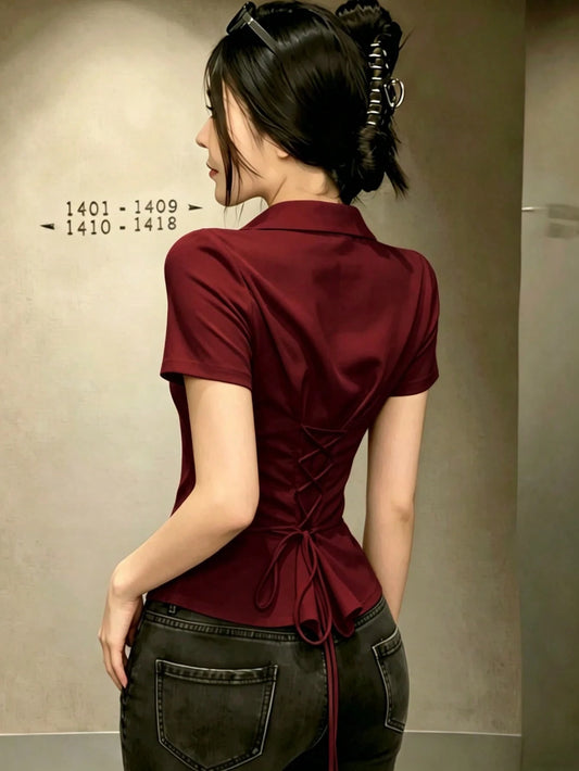Summer Elegant Women's Solid Color Back Tie Shirt (Note: Lightweight And Breathable Thin Style) Waist Drawstring Design, Effortless Style Red