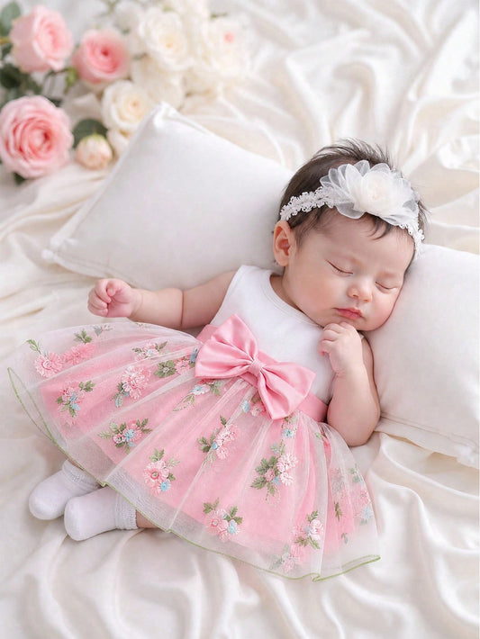 Summer Newborn Baby Girl White Sleeveless Patchwork Bow Pink Flower Embroidered Mesh Dress