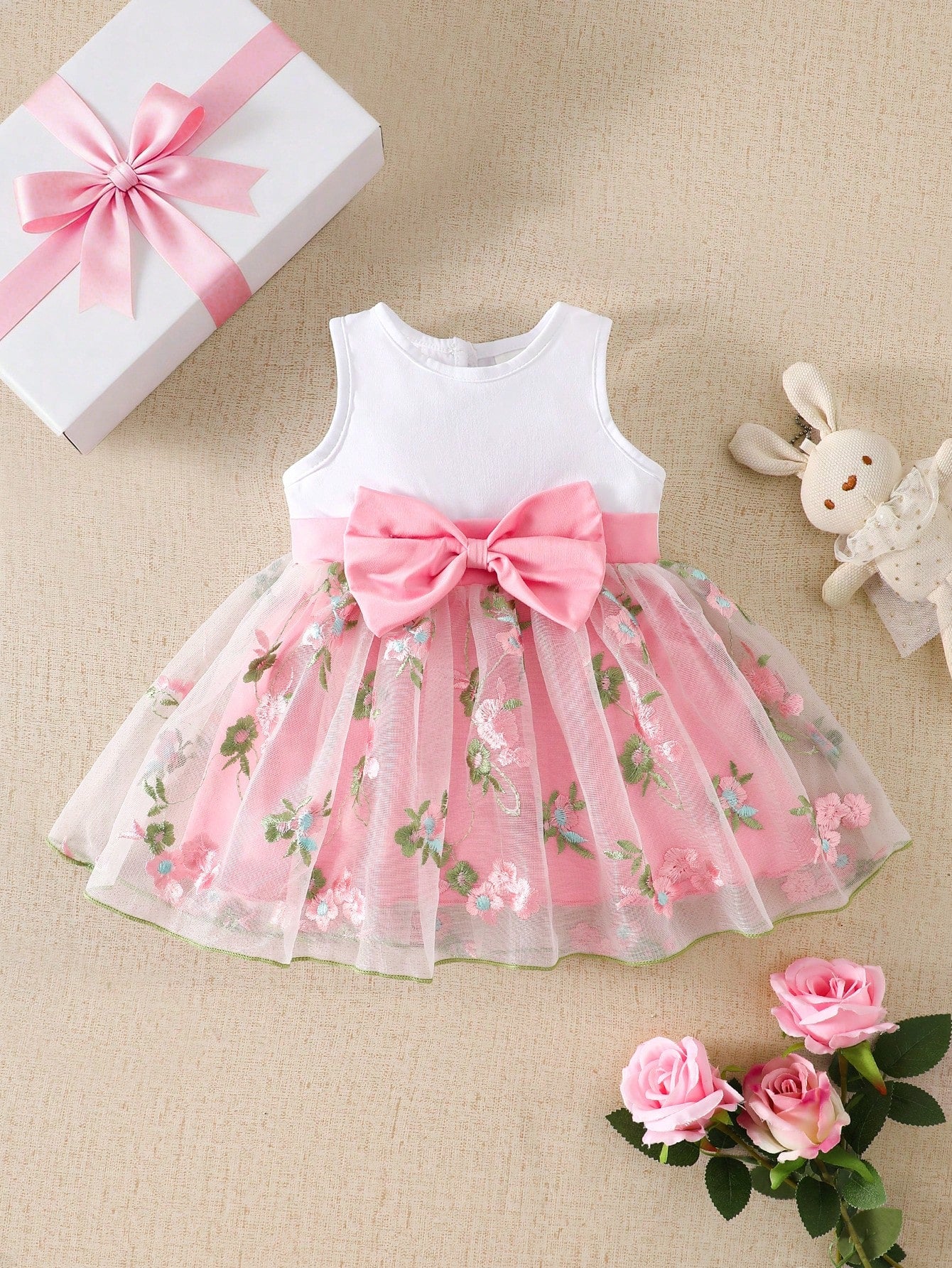Summer Newborn Baby Girl White Sleeveless Patchwork Bow Pink Flower Embroidered Mesh Dress