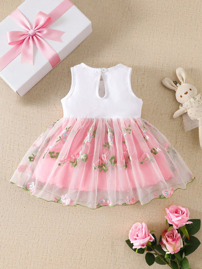 Summer Newborn Baby Girl White Sleeveless Patchwork Bow Pink Flower Embroidered Mesh Dress