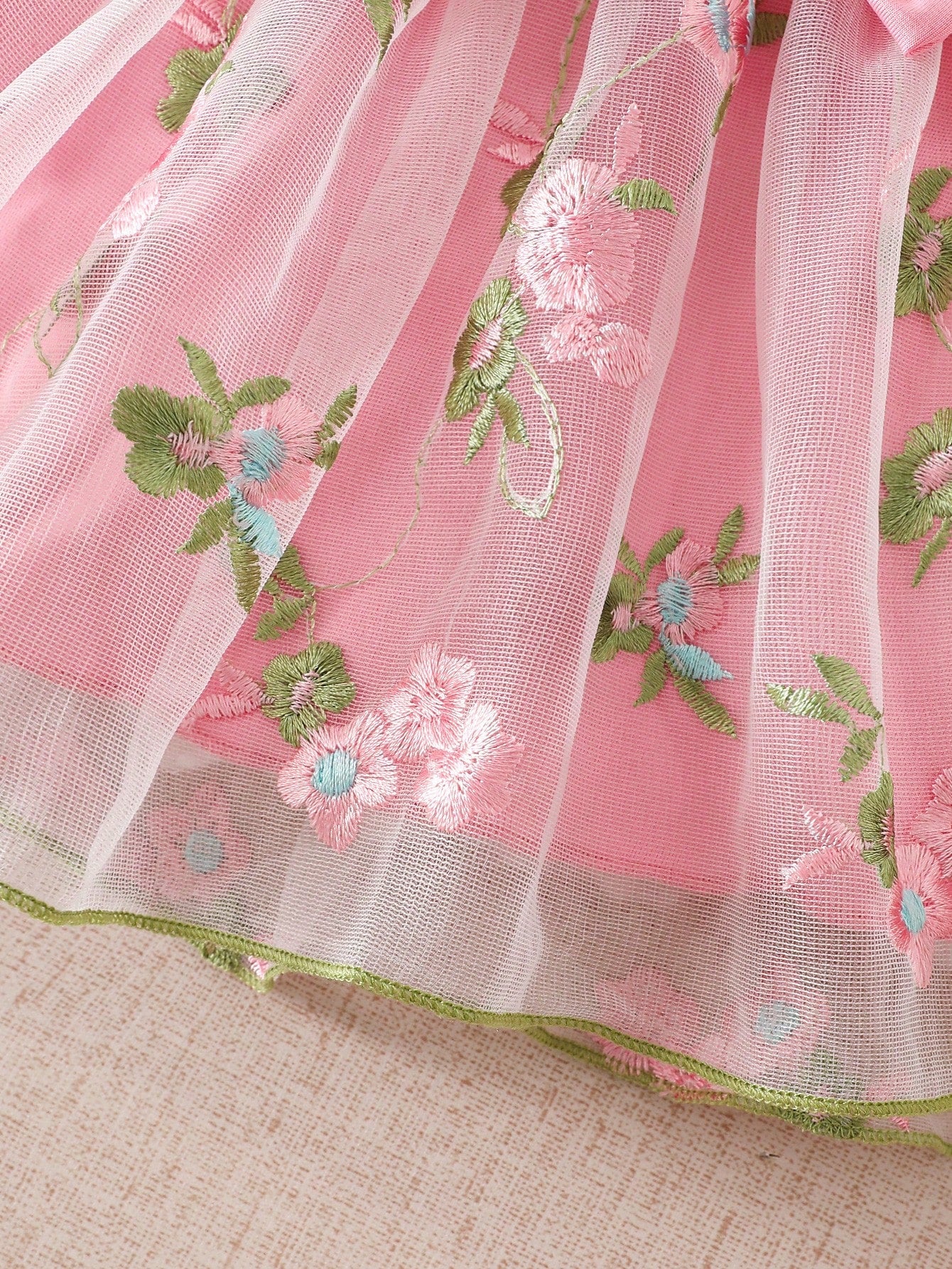 Summer Newborn Baby Girl White Sleeveless Patchwork Bow Pink Flower Embroidered Mesh Dress