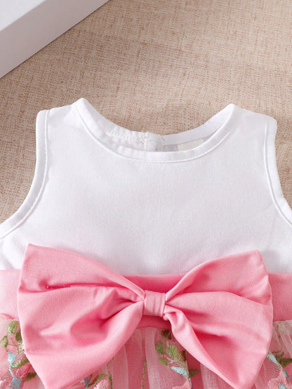Summer Newborn Baby Girl White Sleeveless Patchwork Bow Pink Flower Embroidered Mesh Dress