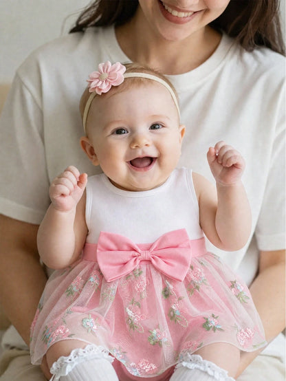 Summer Newborn Baby Girl White Sleeveless Patchwork Bow Pink Flower Embroidered Mesh Dress