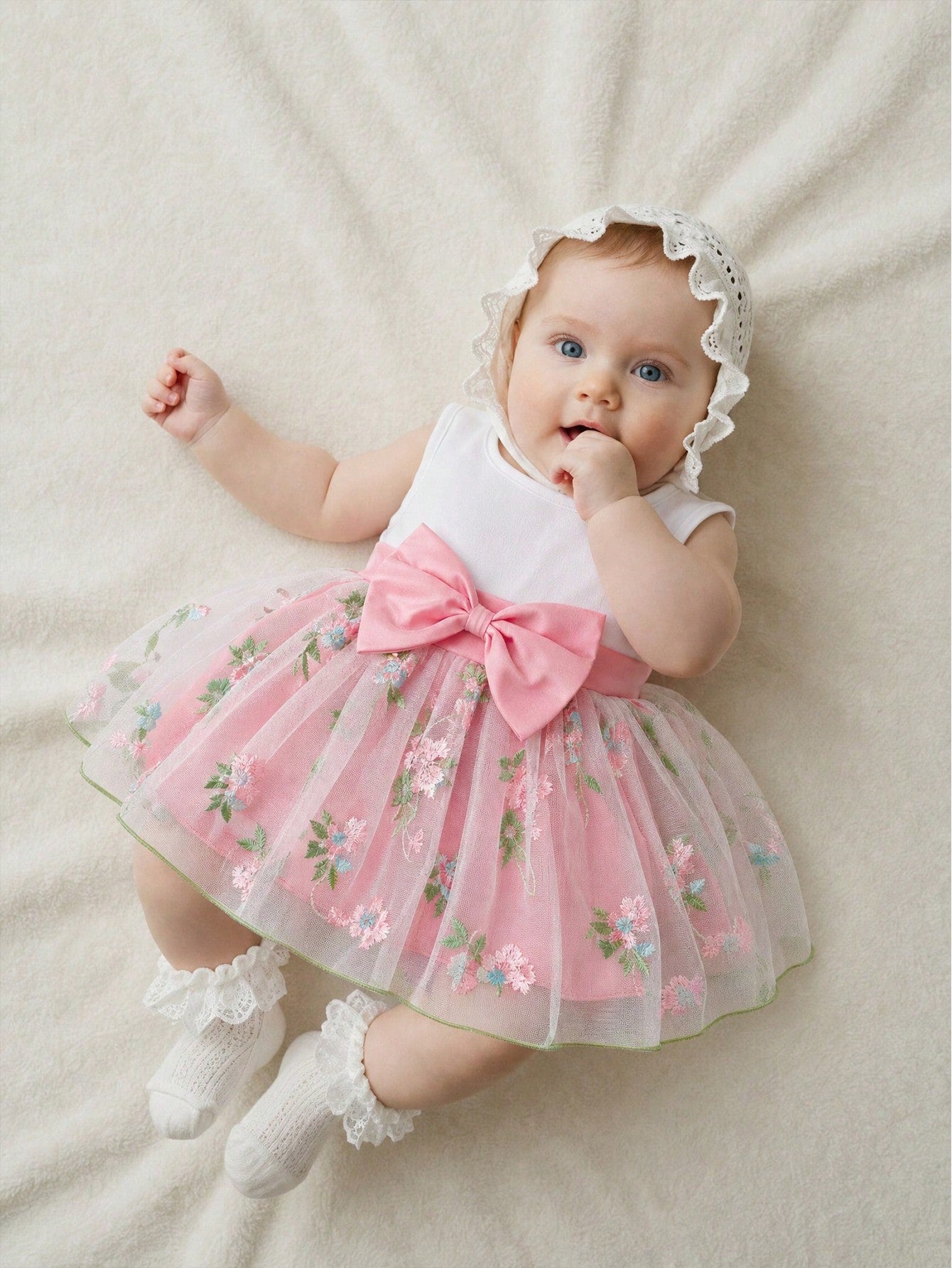 Summer Newborn Baby Girl White Sleeveless Patchwork Bow Pink Flower Embroidered Mesh Dress