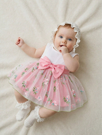 Summer Newborn Baby Girl White Sleeveless Patchwork Bow Pink Flower Embroidered Mesh Dress