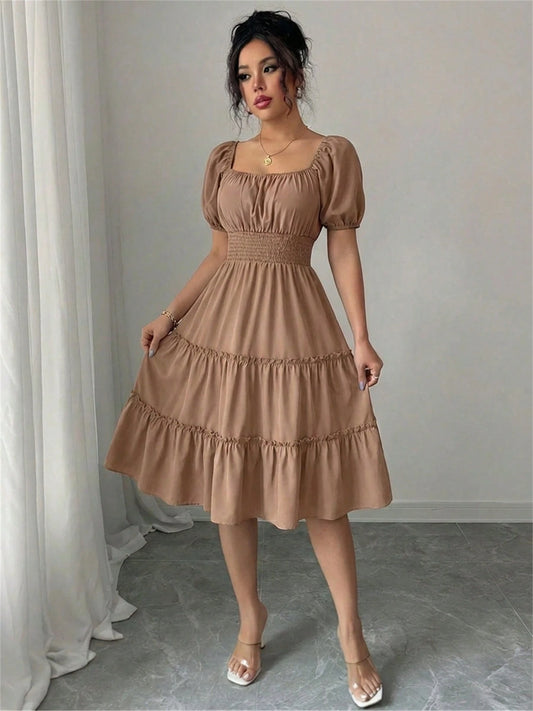 Summer Square Neck Smocked Dress Women's Short Sleeve Ruffle Trim Flounce Hem Solid Color Casual Beach Vacation Midi Dress