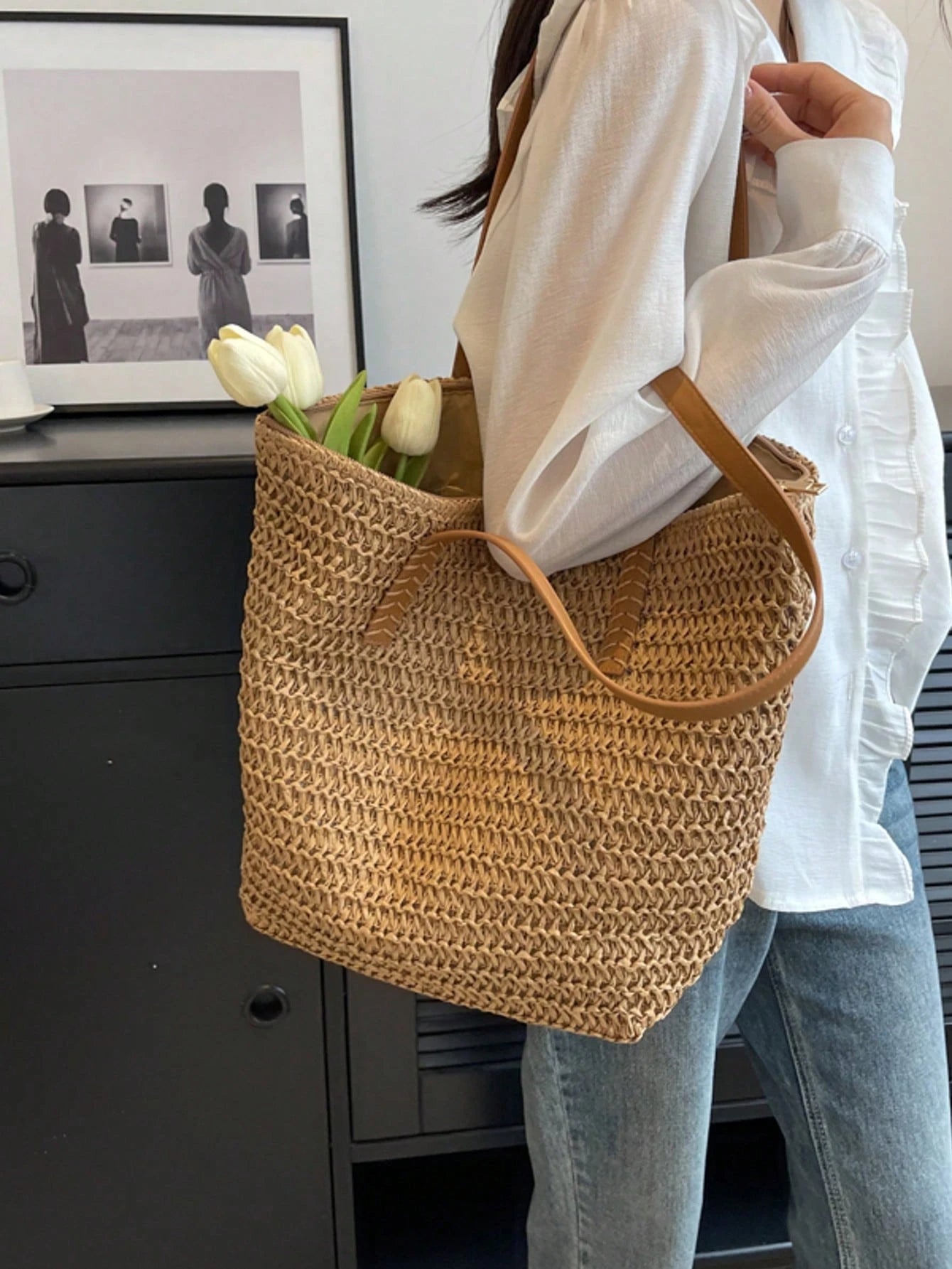 Summer Straw Woven Beach Bag Large Capacity Handbag Vacation Style Simple Versatile Women's Bag