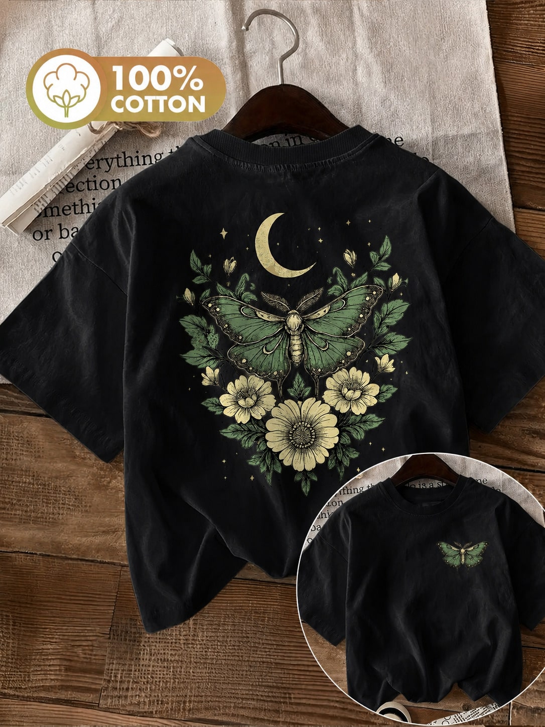 Summer Tops Plus Size Double-Sided Print Moths And Floral Patterns T-Shirt, Comfortable & Breathable, Perfect For Daily Outfits & Casual Attire