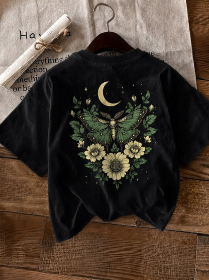 Summer Tops Plus Size Double-Sided Print Moths And Floral Patterns T-Shirt, Comfortable & Breathable, Perfect For Daily Outfits & Casual Attire