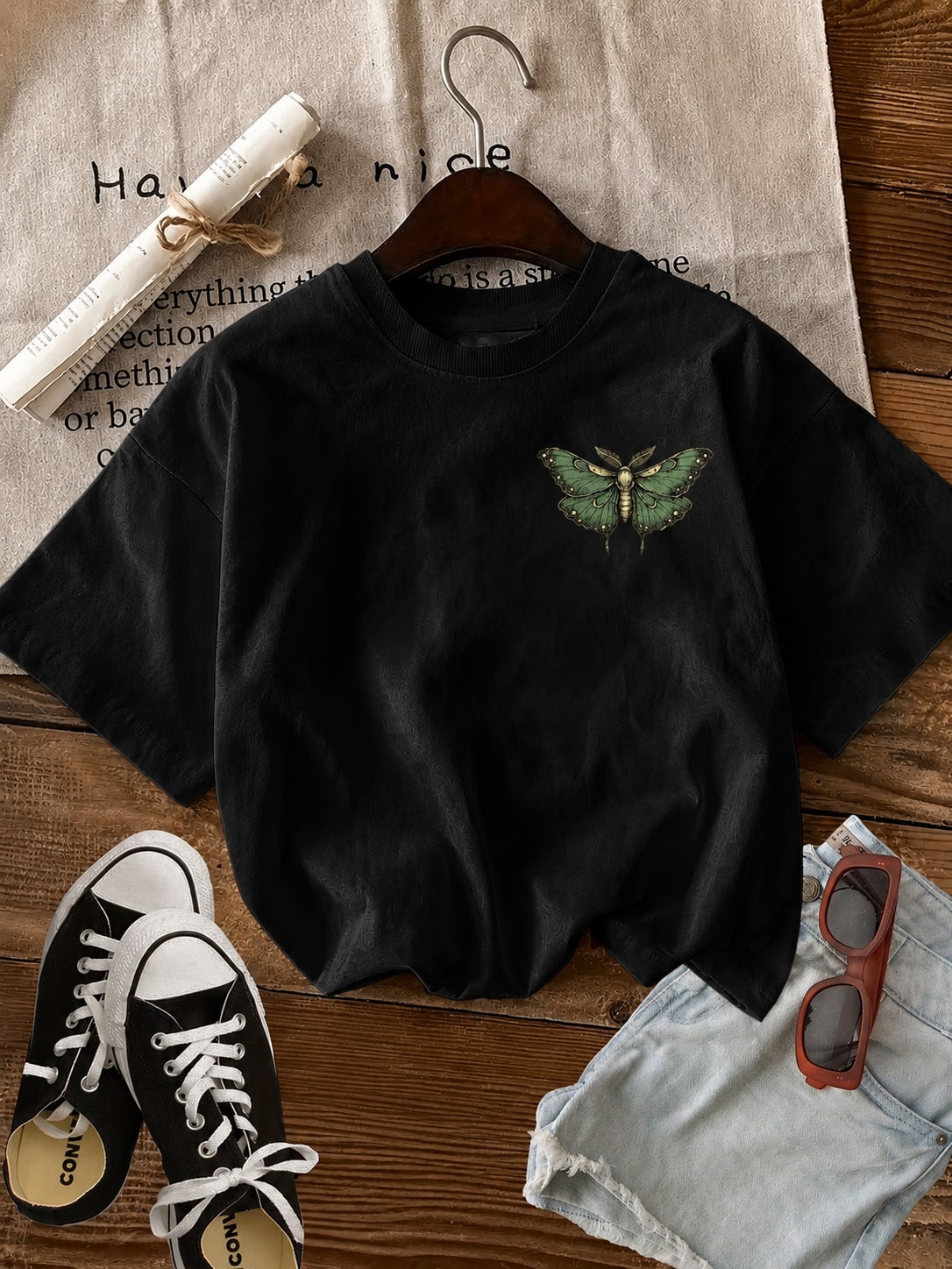 Summer Tops Plus Size Double-Sided Print Moths And Floral Patterns T-Shirt, Comfortable & Breathable, Perfect For Daily Outfits & Casual Attire