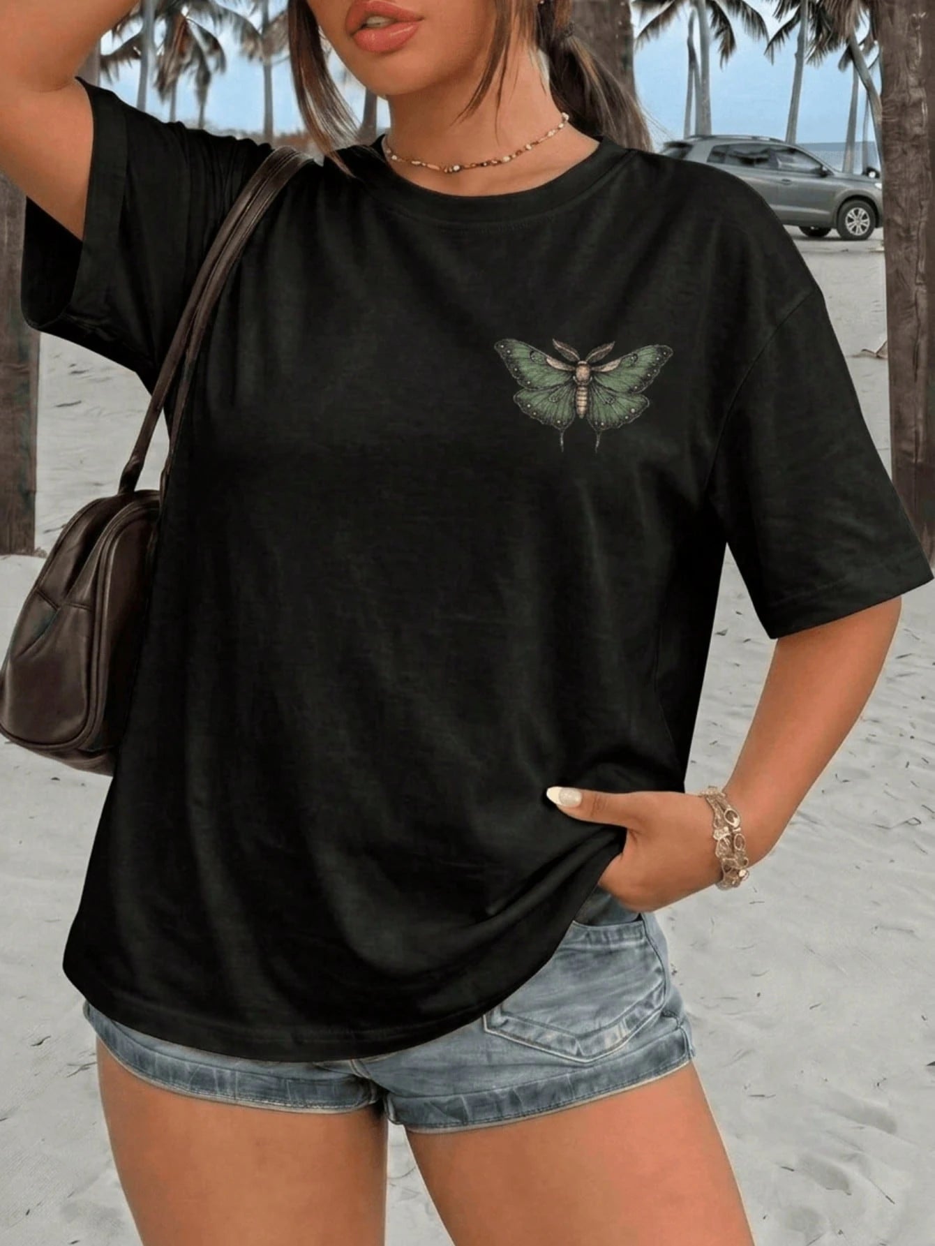 Summer Tops Plus Size Double-Sided Print Moths And Floral Patterns T-Shirt, Comfortable & Breathable, Perfect For Daily Outfits & Casual Attire