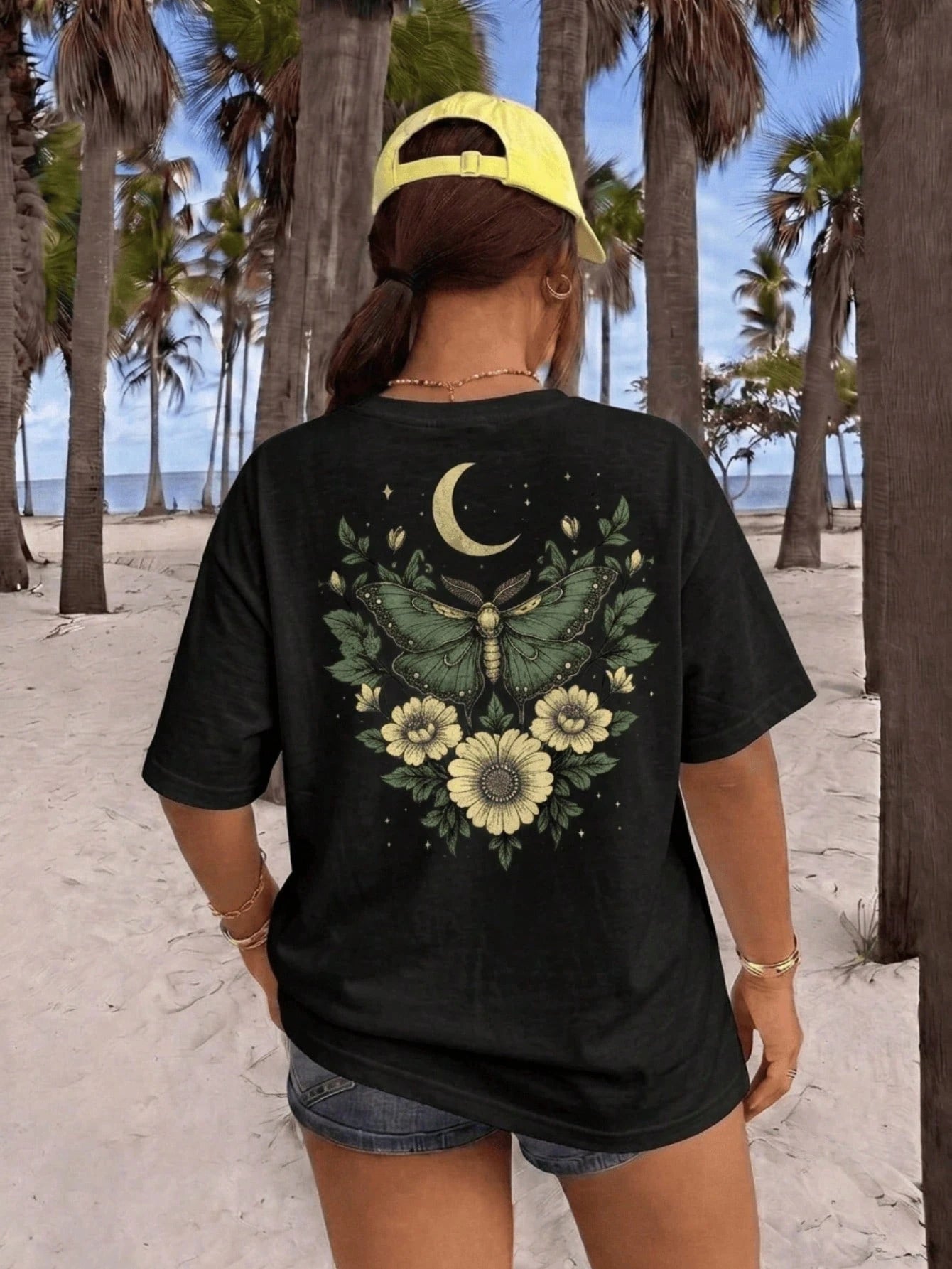 Summer Tops Plus Size Double-Sided Print Moths And Floral Patterns T-Shirt, Comfortable & Breathable, Perfect For Daily Outfits & Casual Attire