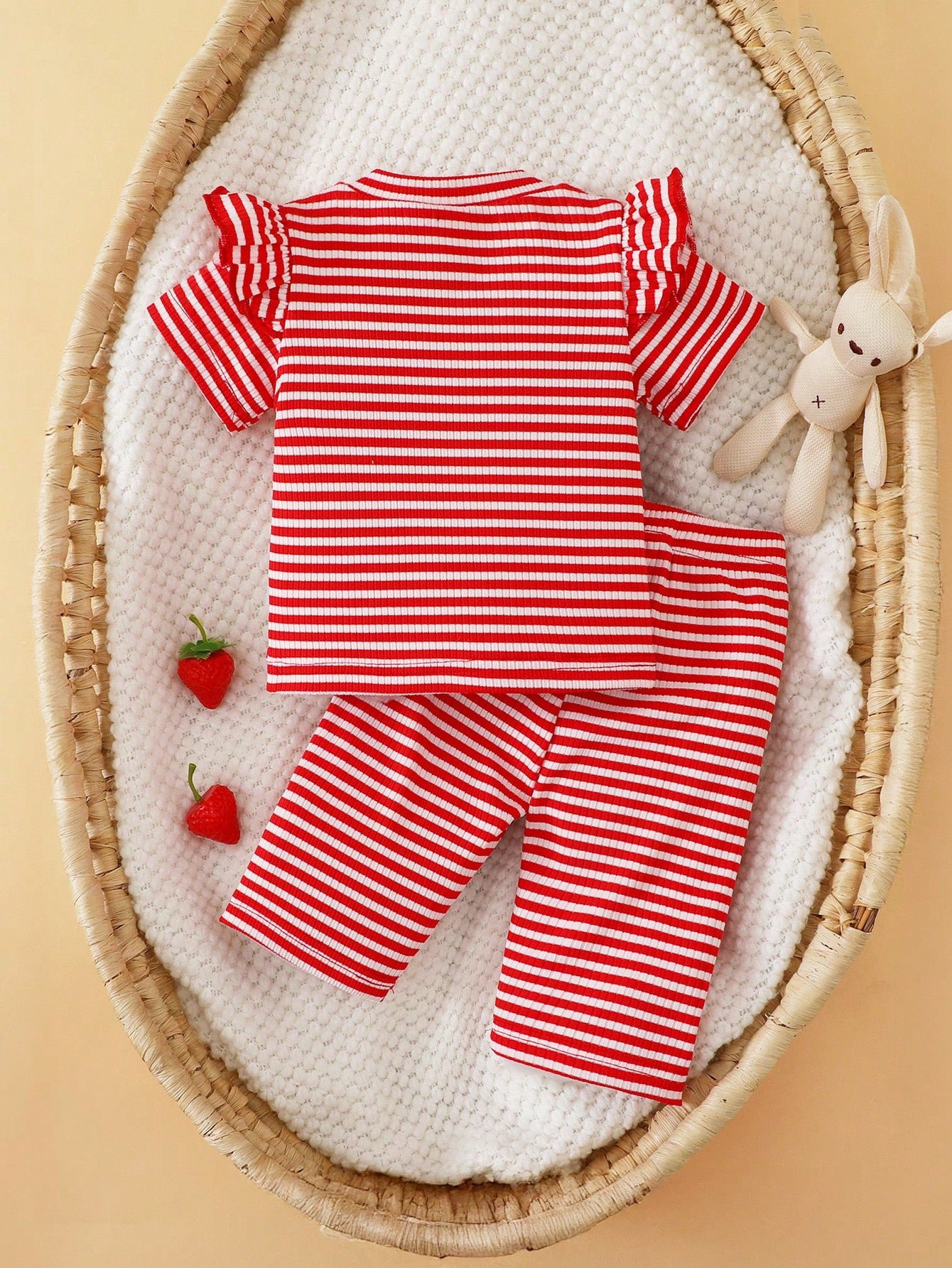 Summer Two Pieces Set For Newborn Baby Girls: Light Yellow Knitted Striped Round-Neck Ruffle T-Shirt With Floral Embroidery And Short Sleeves + Long Pants Casual, Comfortable, Cute, And Sweet