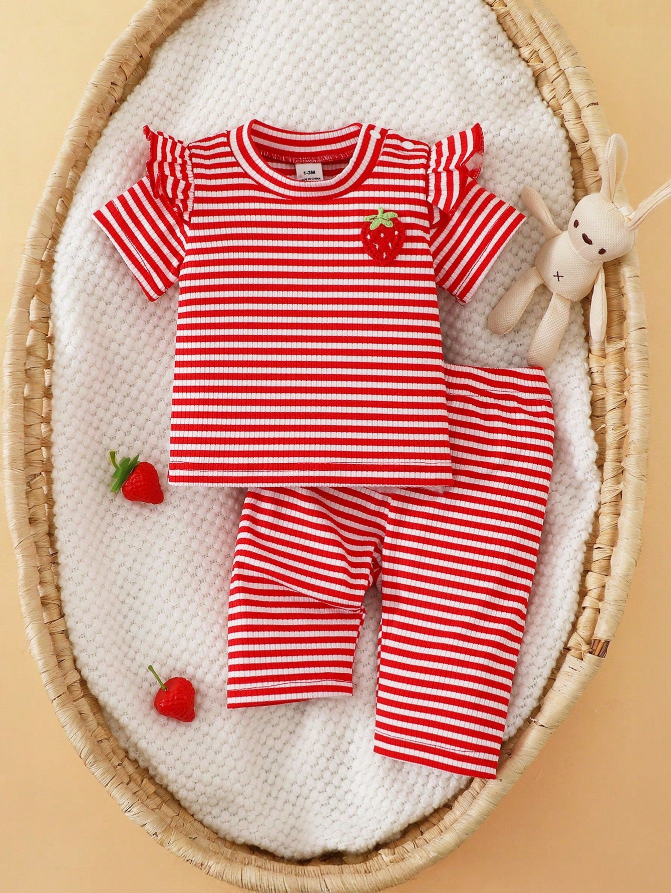 Summer Two Pieces Set For Newborn Baby Girls: Light Yellow Knitted Striped Round-Neck Ruffle T-Shirt With Floral Embroidery And Short Sleeves + Long Pants Casual, Comfortable, Cute, And Sweet